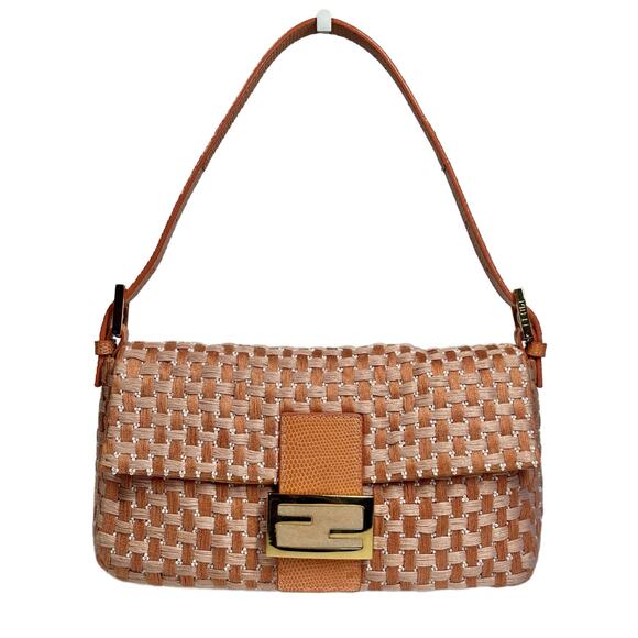 Fendi Vintage Peach Orange Woven Beaded Baguette w Quartz Logo & Crocodile Trim - Picture 1 of 8